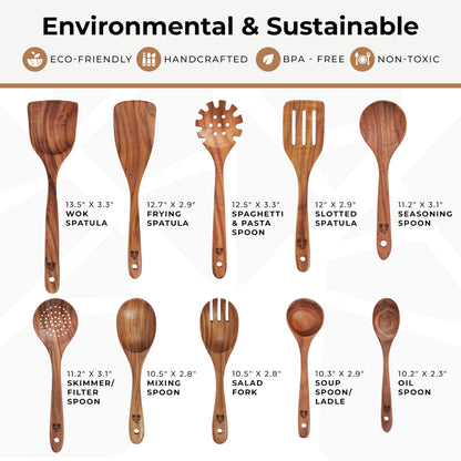 Environmental and sustainable 10-piece natural teak wood kitchen utensil set showing detailed size dimensions and names for each wooden spoon and spatula.