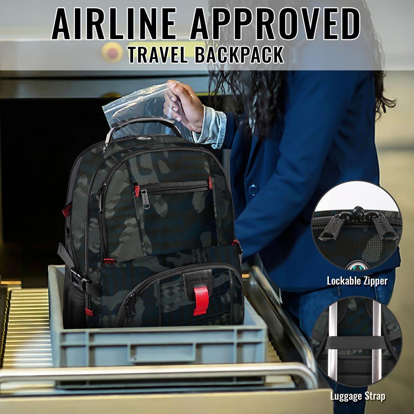 YOREPEK 50L camouflage airline-approved travel backpack showing lockable zippers and luggage strap details at airport security
