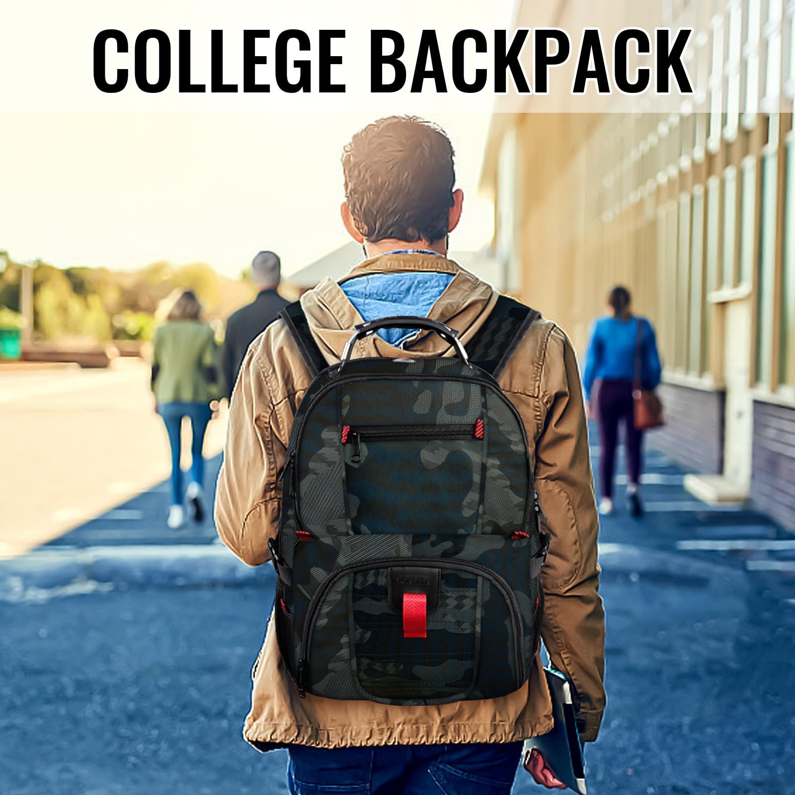 YOREPEK 50L camouflage college backpack displayed in a lifestyle setting worn by a student walking outdoors