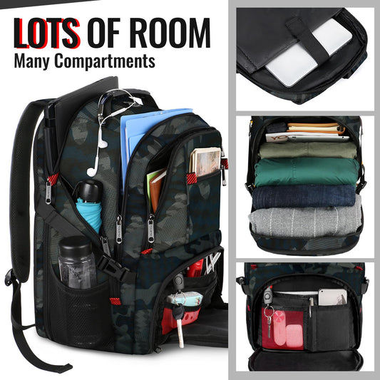 YOREPEK 50L camouflage travel backpack showing multiple compartments, pockets, and organized packing capacity