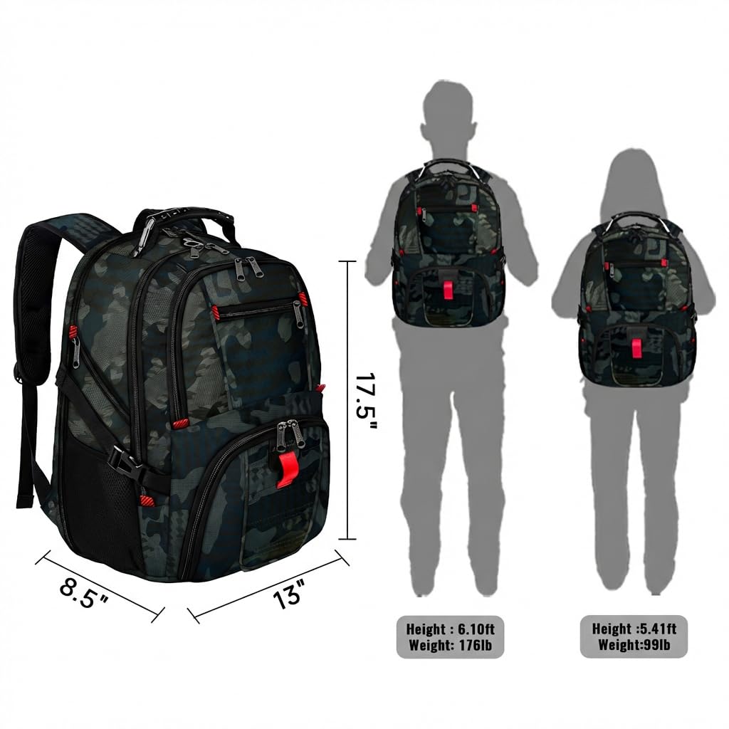 YOREPEK 50L camouflage travel backpack size and dimensions guide showing height, width, and body proportion reference