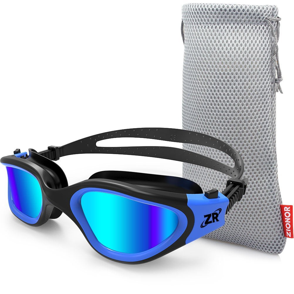 ZIONOR swim goggles with mirrored blue lenses, black frame, and blue silicone seal, shown with a gray mesh drawstring storage pouch.
