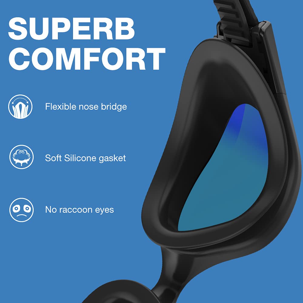 ZIONOR G1 swim goggles comfort highlight showing flexible nose bridge, soft silicone gasket, and leakproof design to prevent raccoon eyes.