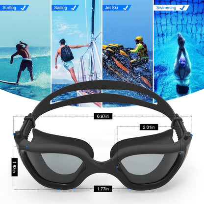 ZIONOR G1 Swim Goggles dimensions and sizing guide showing frame width, height, and bridge details for water sports
