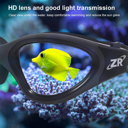 ZIONOR G1 Swim Goggles dimensions and sizing guide showing frame width, height, and bridge details for water sports