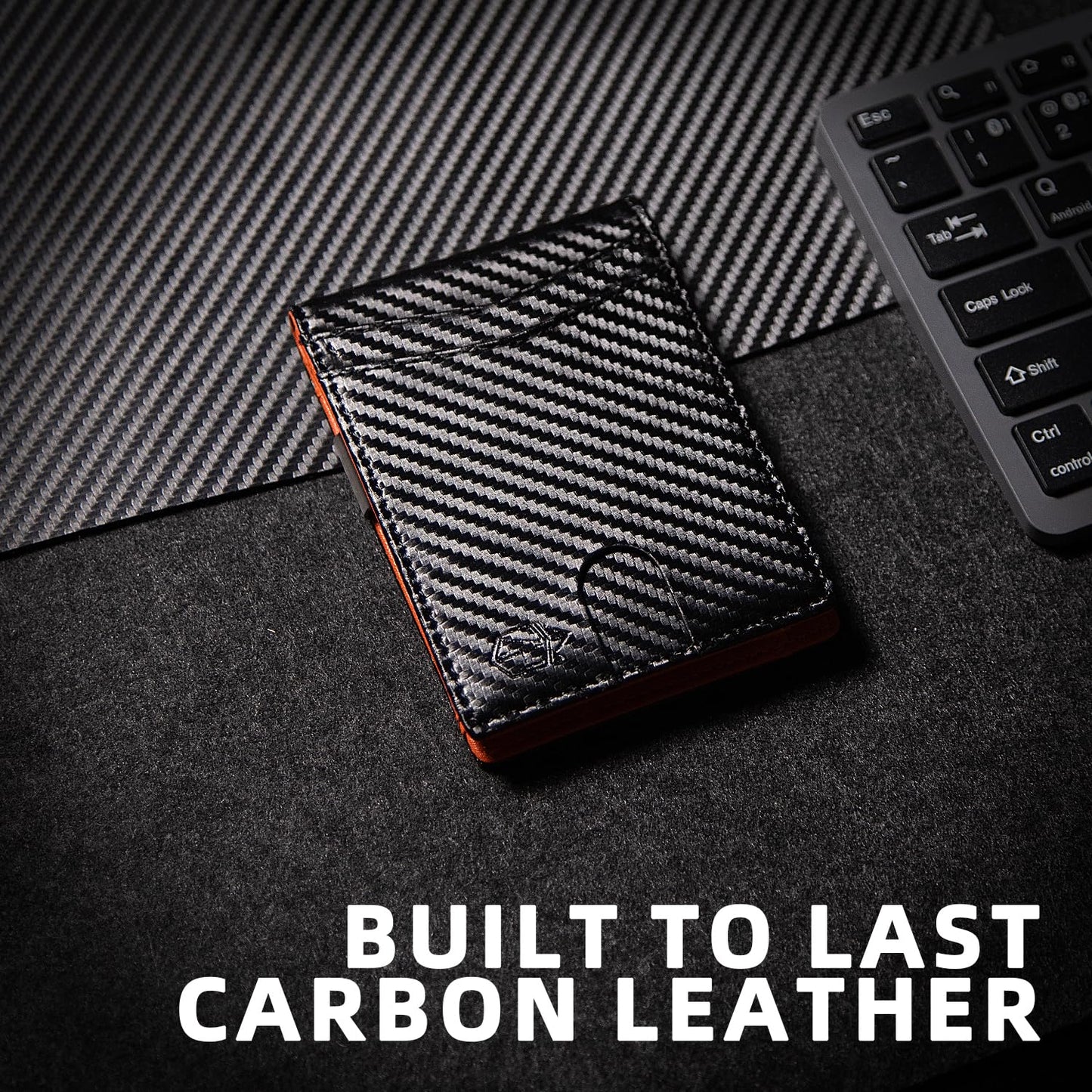 Zitahli built to last carbon leather minimalist wallet with orange accent trim