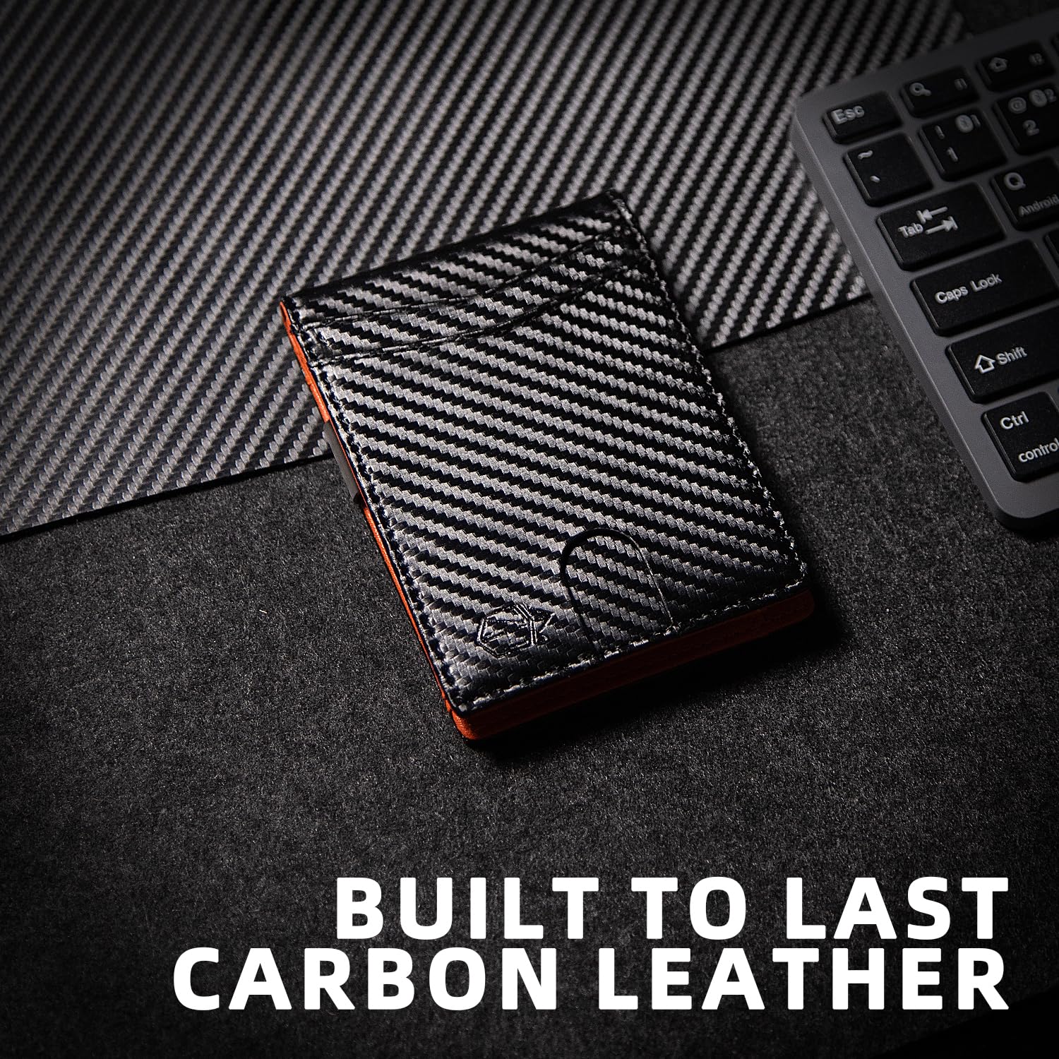 Zitahli built to last carbon leather minimalist wallet with orange accent trim