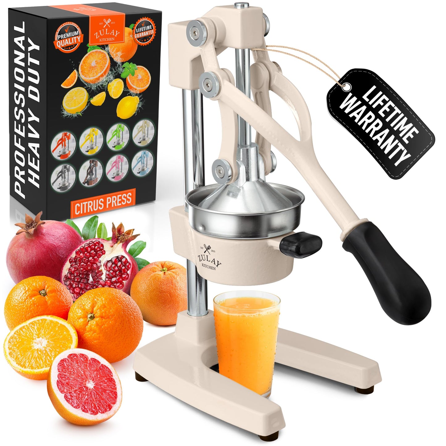 Zulay Kitchen heavy duty cast iron citrus press juicer in cream color with product box