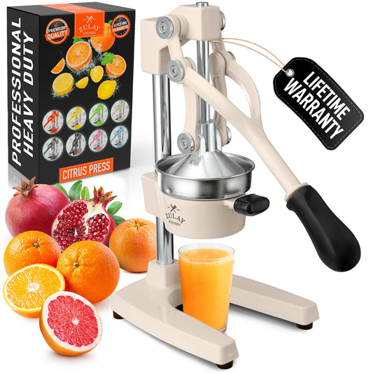 Zulay Kitchen heavy duty cast iron citrus press juicer in cream color with product box
