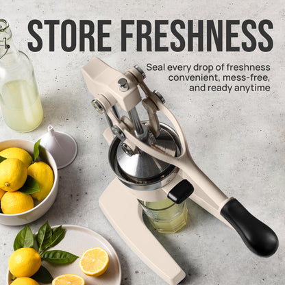 Zulay Kitchen cast iron citrus press juicer squeezing fresh lemon juice for long lasting freshness