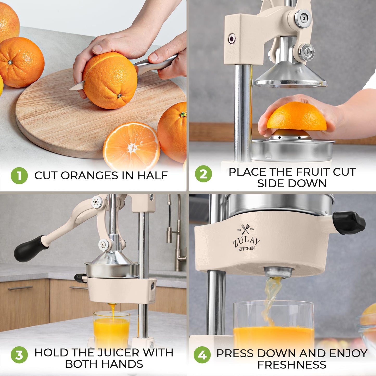 How to use Zulay manual citrus press juicer four step usage guide