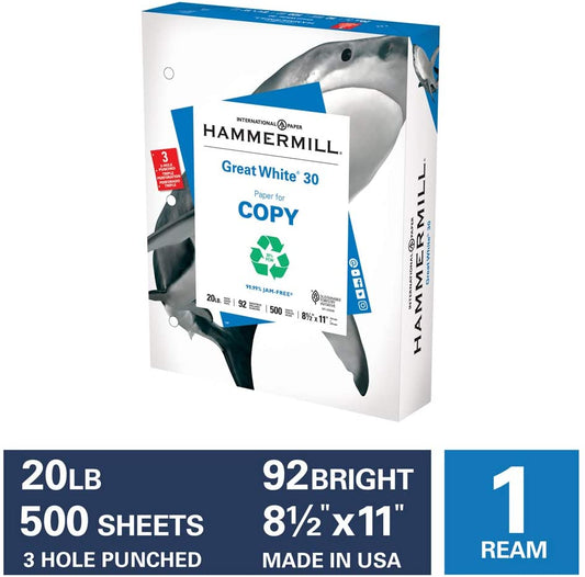 Hammermill Copy Paper , 20lb, 8.5 x 11, 92 Bright, Letter, 500 Sheets / Reams